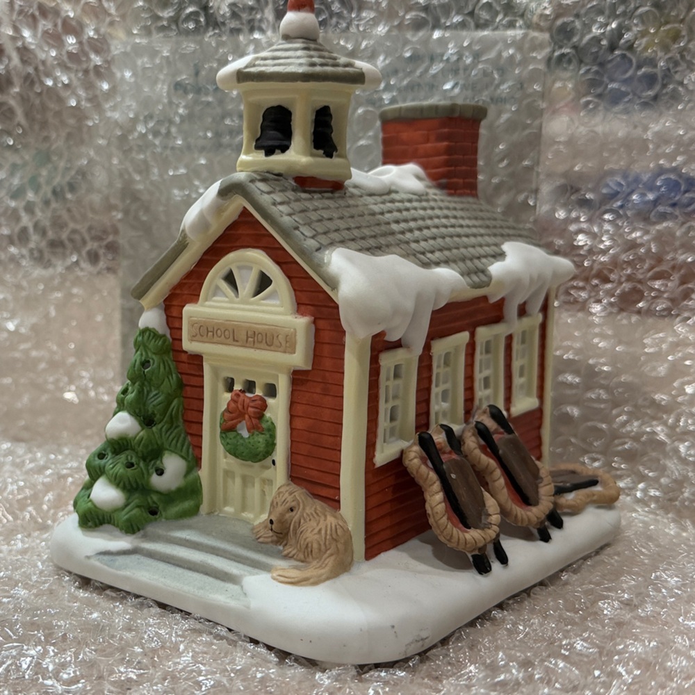 Festive Ceramic Village School House with Snow Accents for tea or votive candle